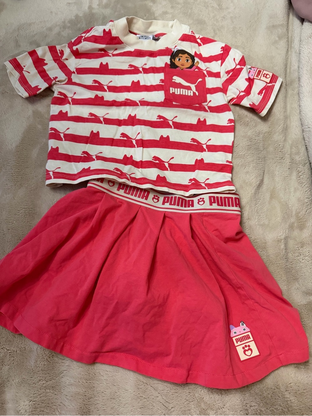 Gabbys Dollhouse x Puma White & coral Striped Top with Pink Skirt Set Sz 6